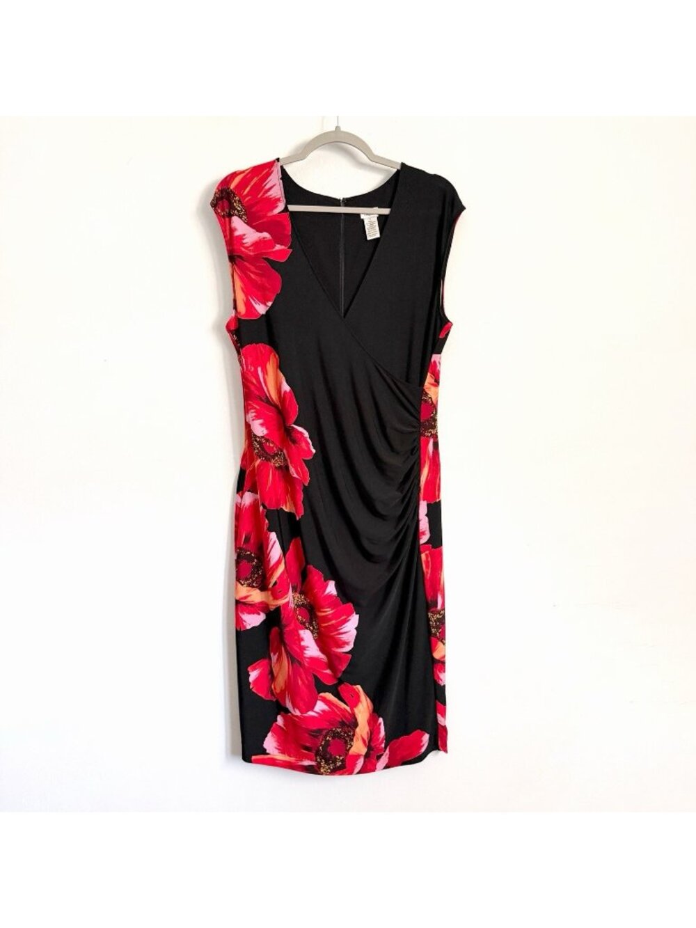 Vintage Cache Black Ruched Jersey Dress Red Floral Pattern Cap Sleeve Women’s 14